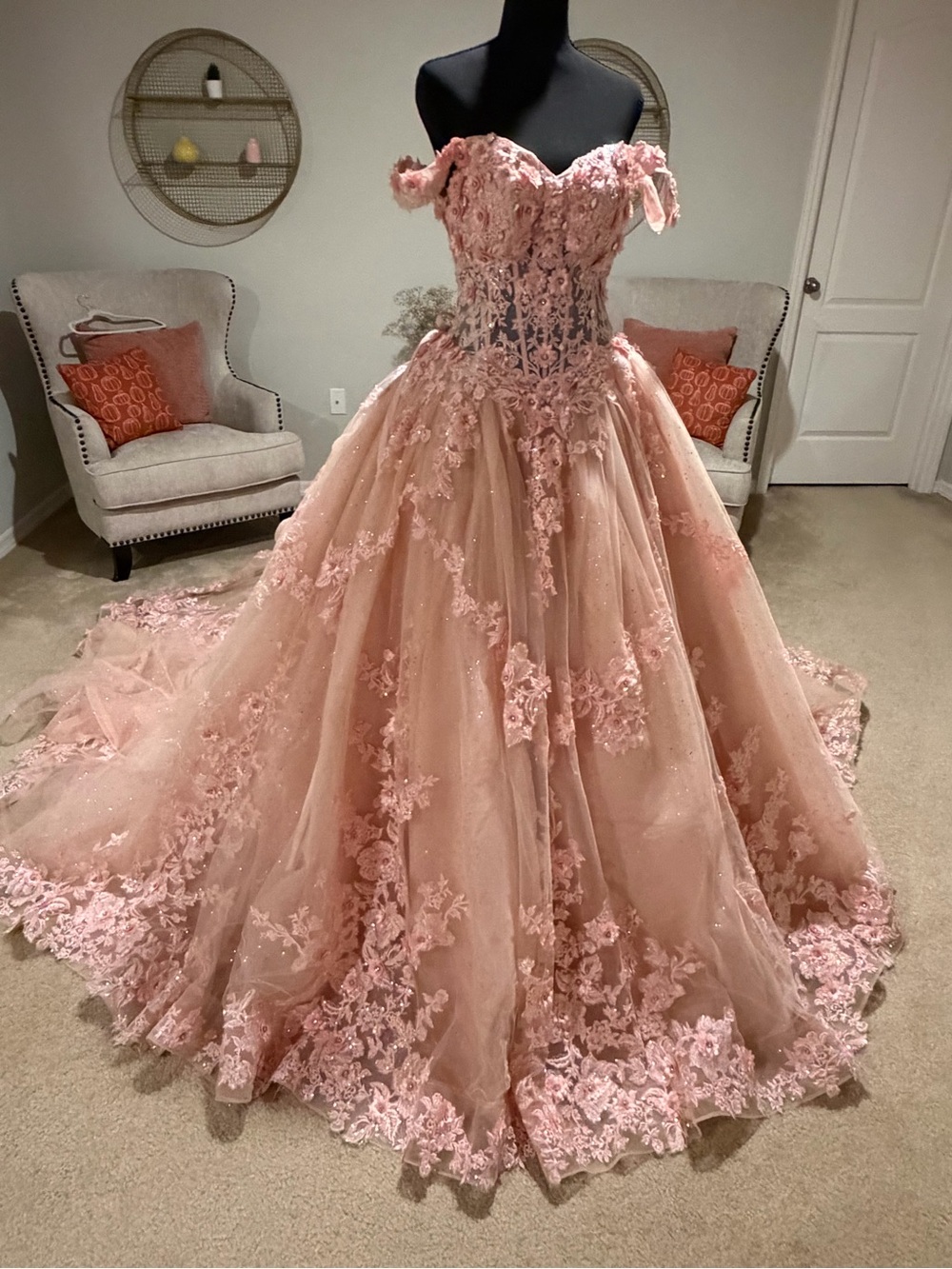Prince Dusty Pink Off-Shoulder Lace Ball Gown